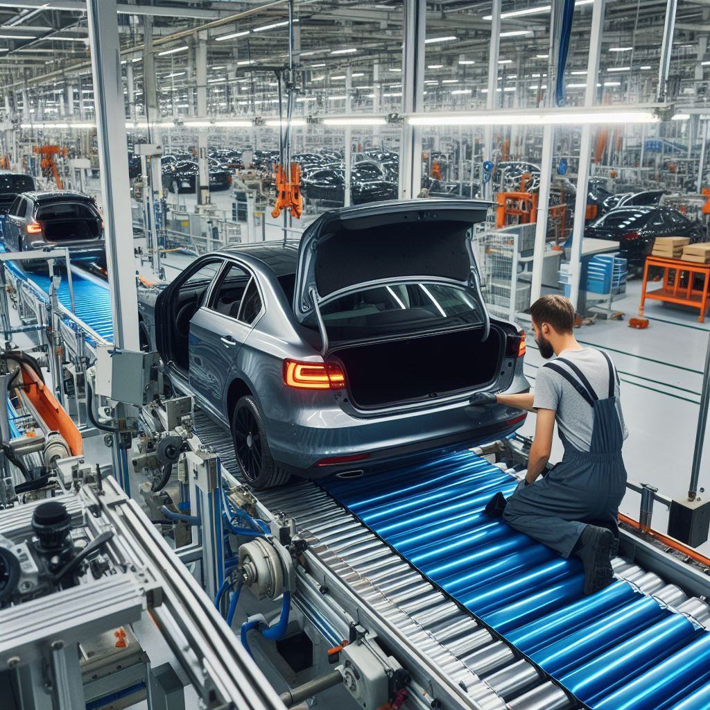 a car beeing prepared on a production line.